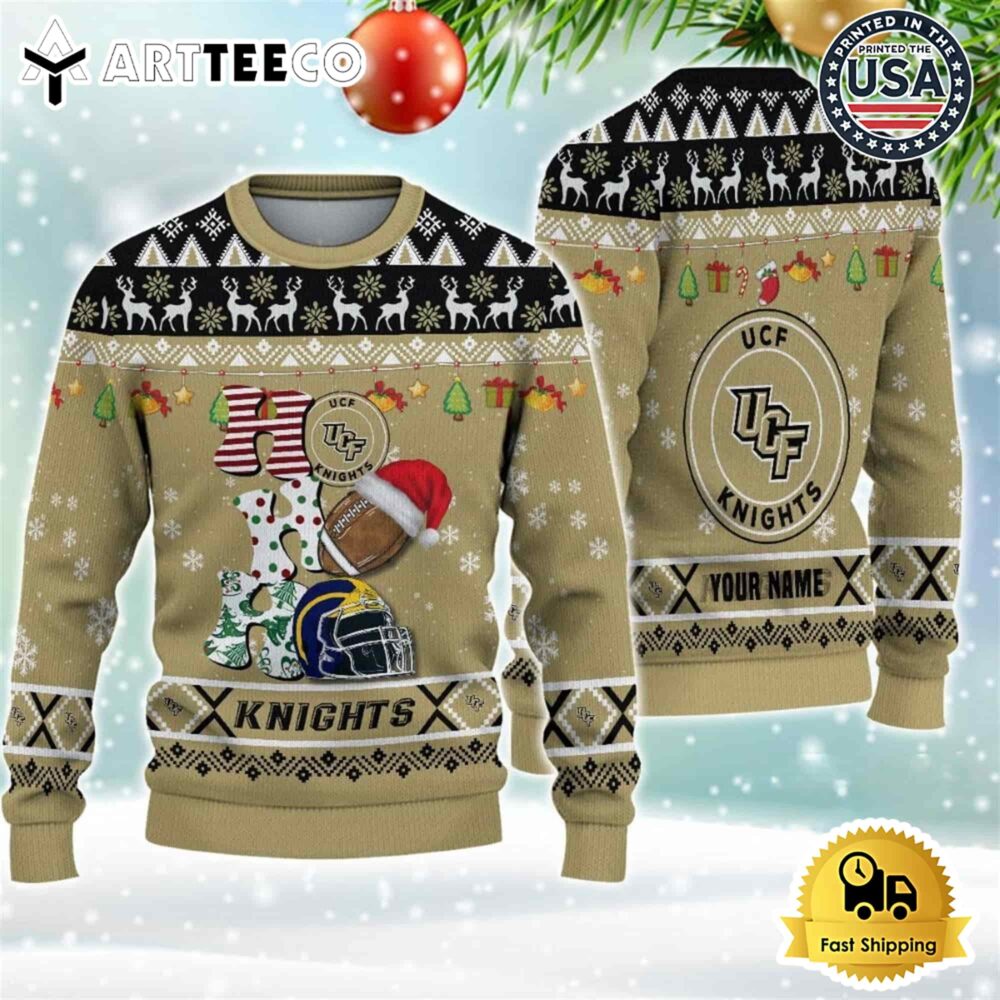 NCAA UCF Knights Football HO HO HO Custom Name Ugly Christmas Sweater