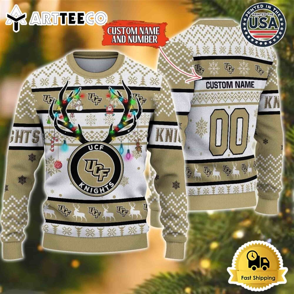 NCAA UCF Knights Special Reindeer Light Custom Name And Number Ugly Christmas Sweater