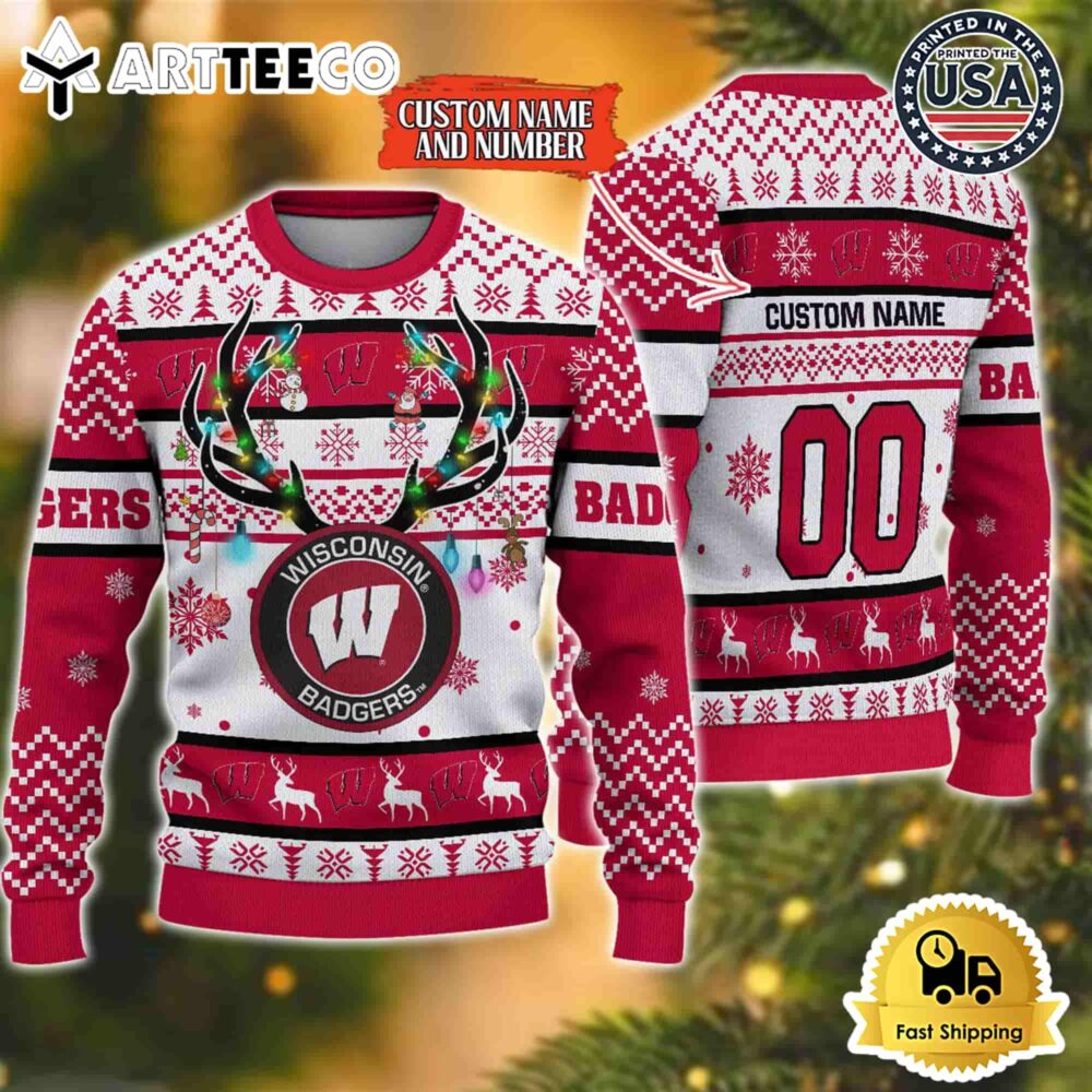 NCAA Wisconsin Badgers Special Reindeer Light Custom Name And Number Ugly Christmas Sweater