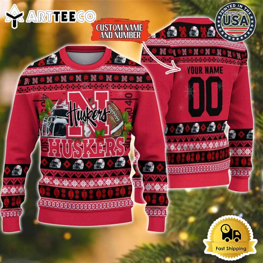 Nebraska Cornhuskers Logo Team Football Custom Name And Number Christmas Ugly Sweater