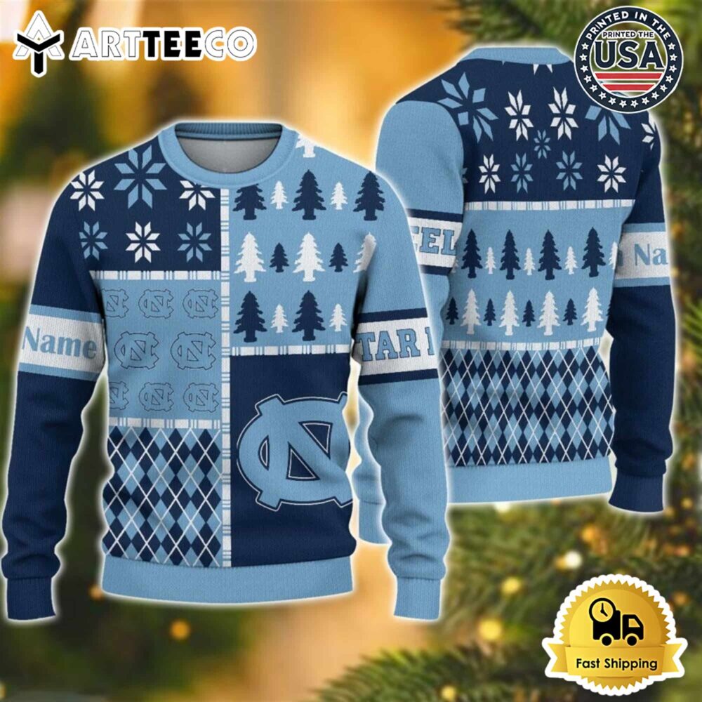 North Carolina Tar Heels Football Team Xmas Tree Snow Custom Name Ugly Christmas Sweater NCAA Football Gifts