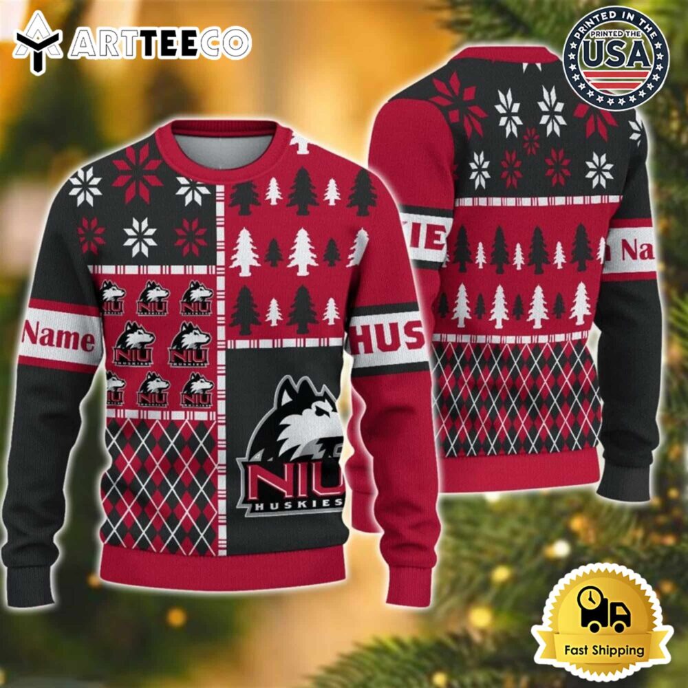 Northern Illinois Huskies Football Team Xmas Tree Snow Custom Name Ugly Christmas Sweater NCAA Football Gifts