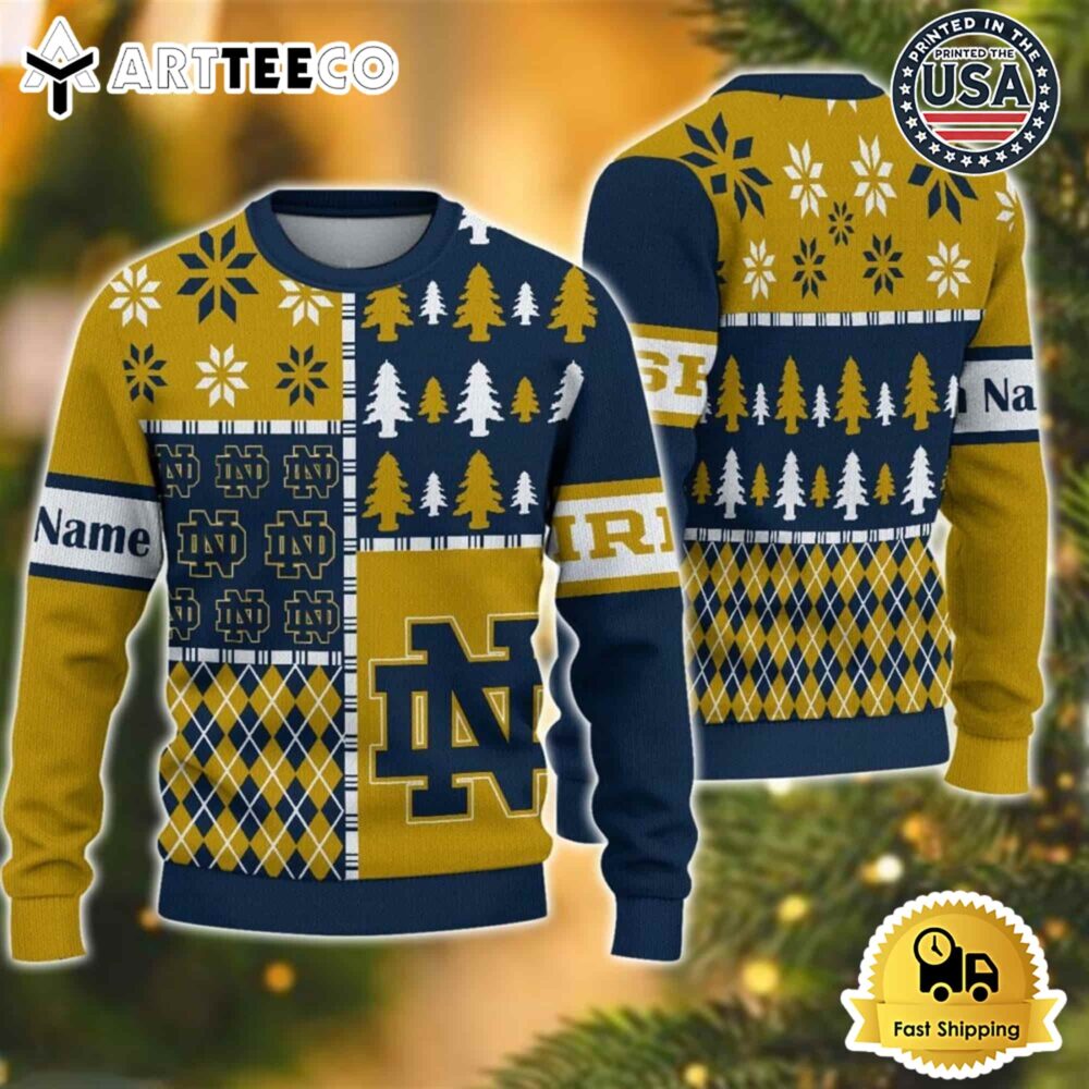 Notre Dame Fighting Irish Football Team Xmas Tree Snow Custom Name Ugly Christmas Sweater NCAA Football Gifts