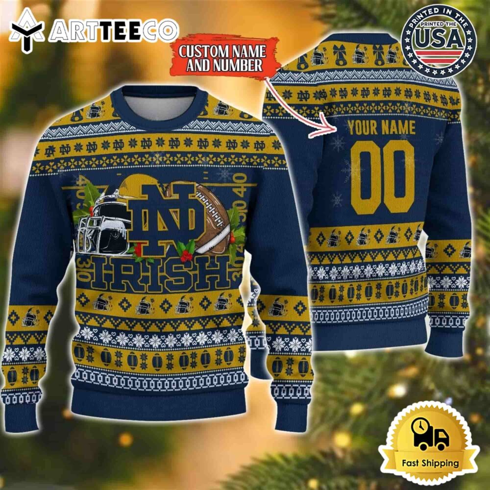 Notre Dame Fighting Irish Logo Team Football Custom Name And Number Christmas Ugly Sweater