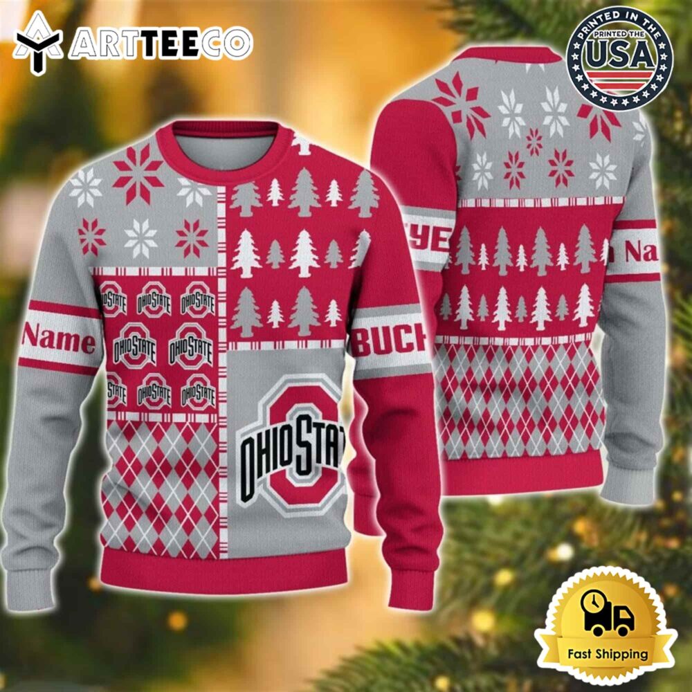 Ohio State Buckeyes Football Team Xmas Tree Snow Custom Name Ugly Christmas Sweater NCAA Football Gifts