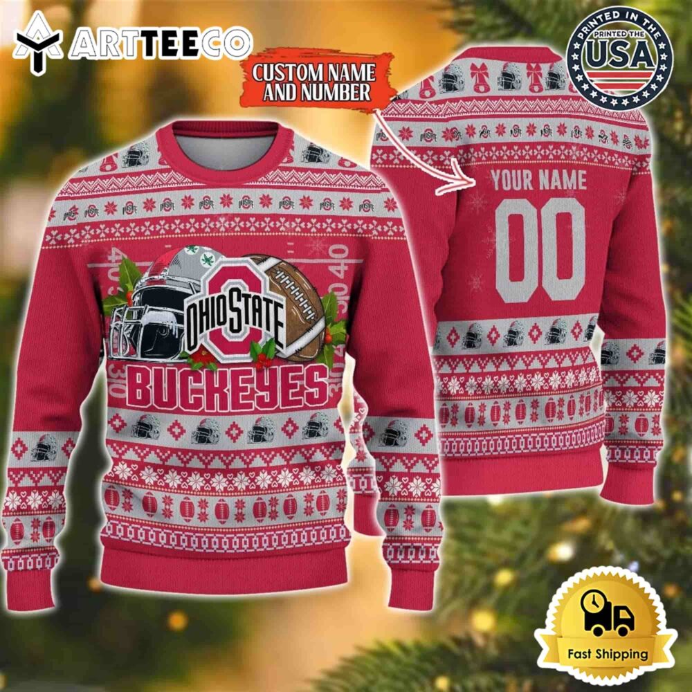 Ohio State Buckeyes Logo Team Football Custom Name And Number Christmas Ugly Sweater