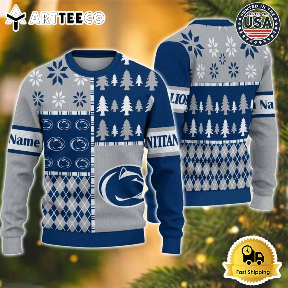 Penn State Nittany Lions Football Team Xmas Tree Snow Custom Name Ugly Christmas Sweater NCAA Football Gifts