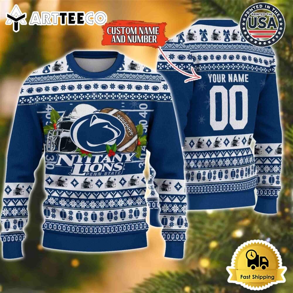 Penn State Nittany Lions Logo Team Football Custom Name And Number Christmas Ugly Sweater