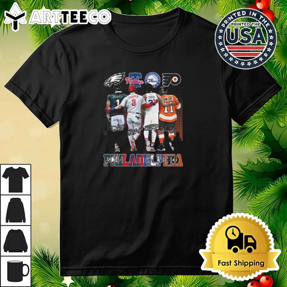 Philadelphia Team Philadelphia Eagles x Philadelphia Phillies x Philadelphia 76ers x Philadelphia Flyers Signatures Retro T Shirt 3