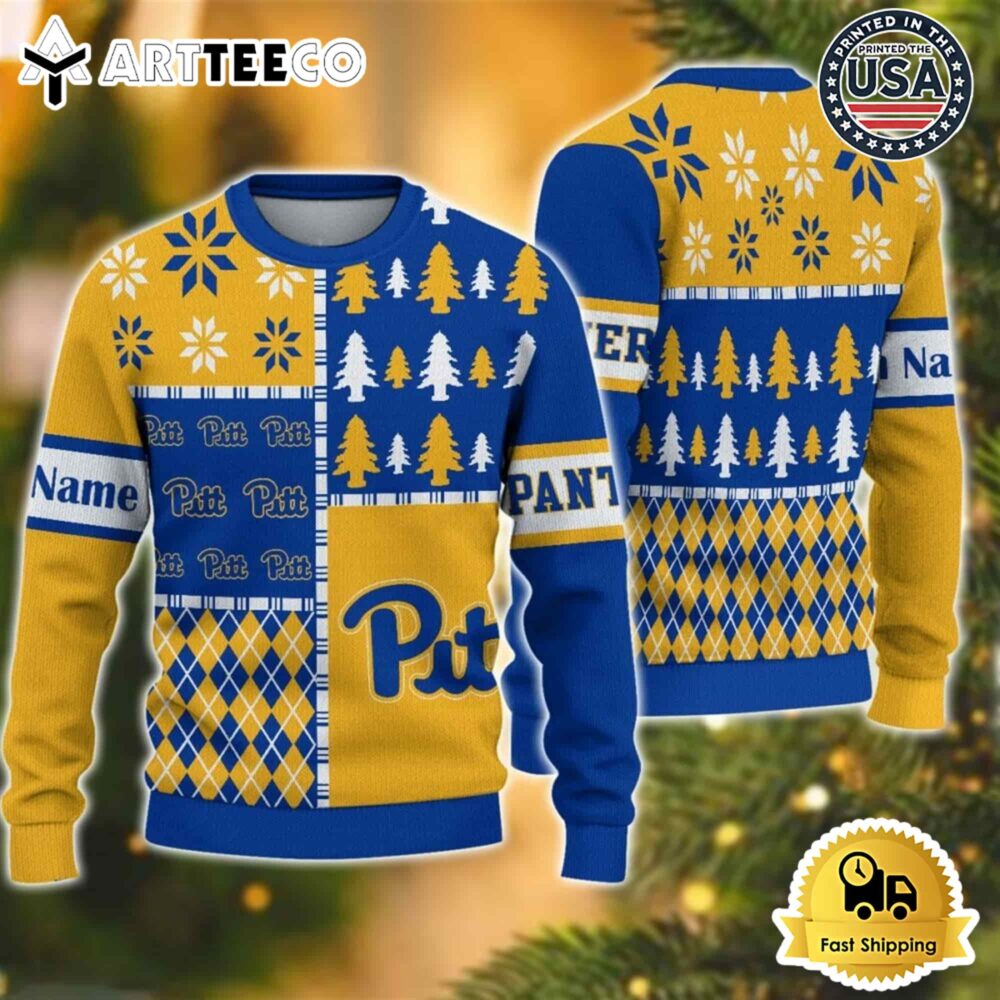 Pittsburgh Panthers Football Team Xmas Tree Snow Custom Name Ugly Christmas Sweater NCAA Football Gifts