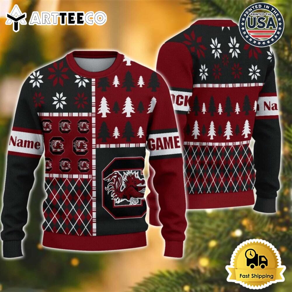 South Carolina Gamecocks Football Team Xmas Tree Snow Custom Name Ugly Christmas Sweater NCAA Football Gifts