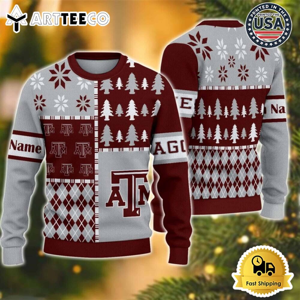 Texas AampM Aggies Football Team Xmas Tree Snow Custom Name Ugly Christmas Sweater NCAA Football Gifts