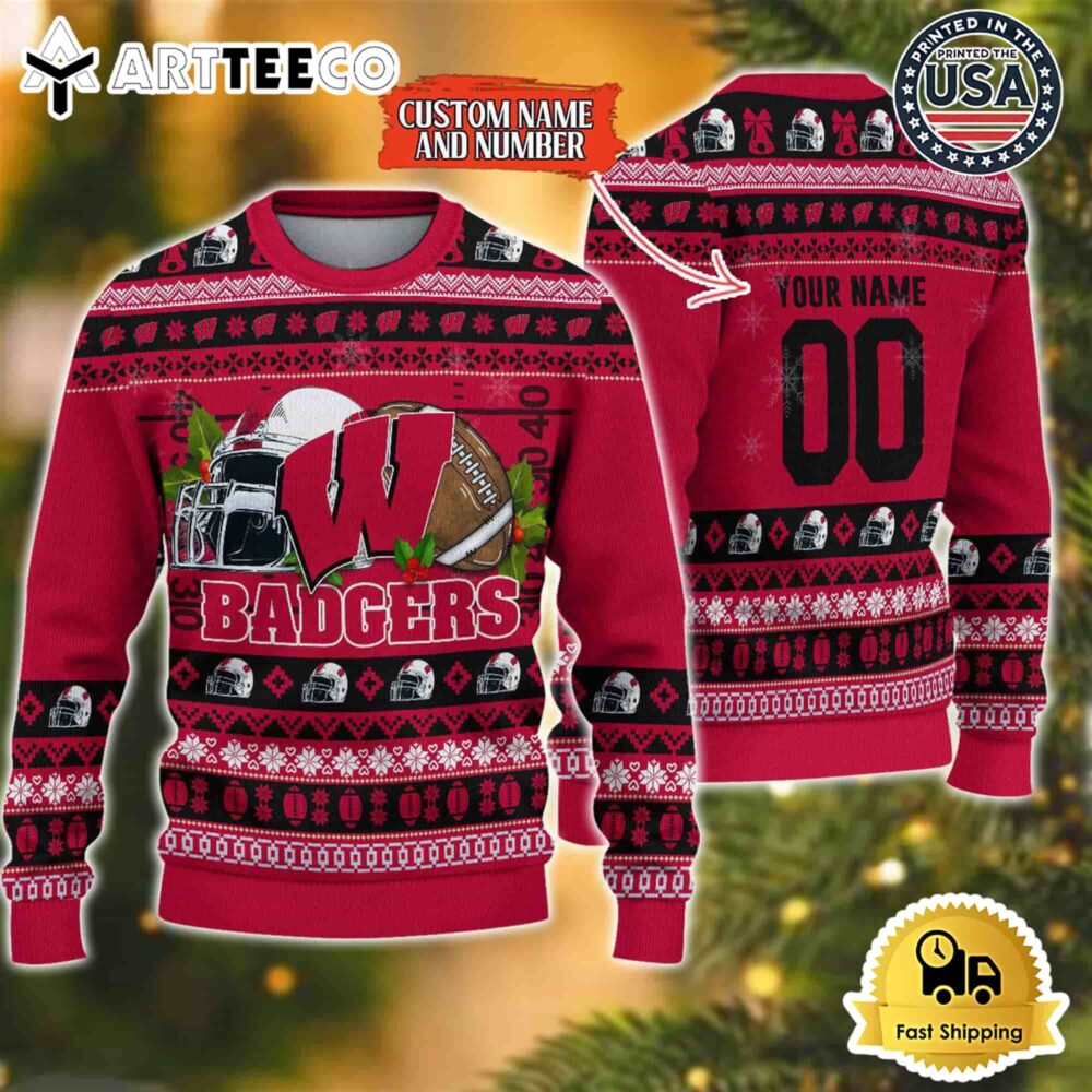 Wisconsin Badgers Logo Team Football Custom Name And Number Christmas Ugly Sweater