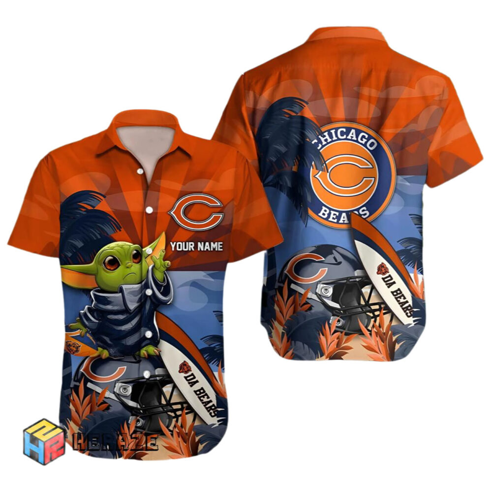 Custom Name Chicago Bears And Baby Yoda Hawaiian Shirt NFL Gifts For Fans 1