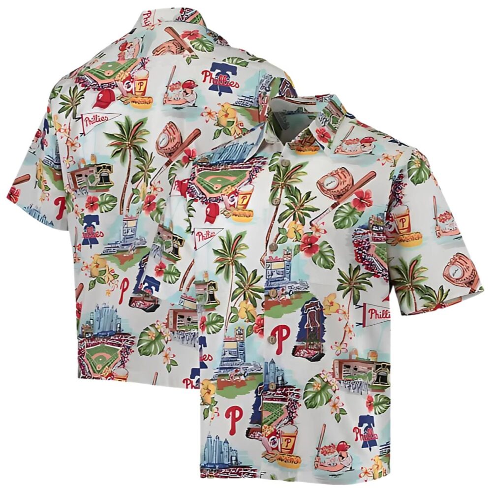 Mens Reyn Spooner White Philadelphia Phillies Scenic Button Up Shirt MLB Aloha Shirt Gift For Fans 1