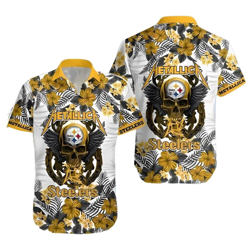 Metallica Skull And Flower Pittsburgh Steelers Hawaiian Shirt NFL Gifts For Fans 1