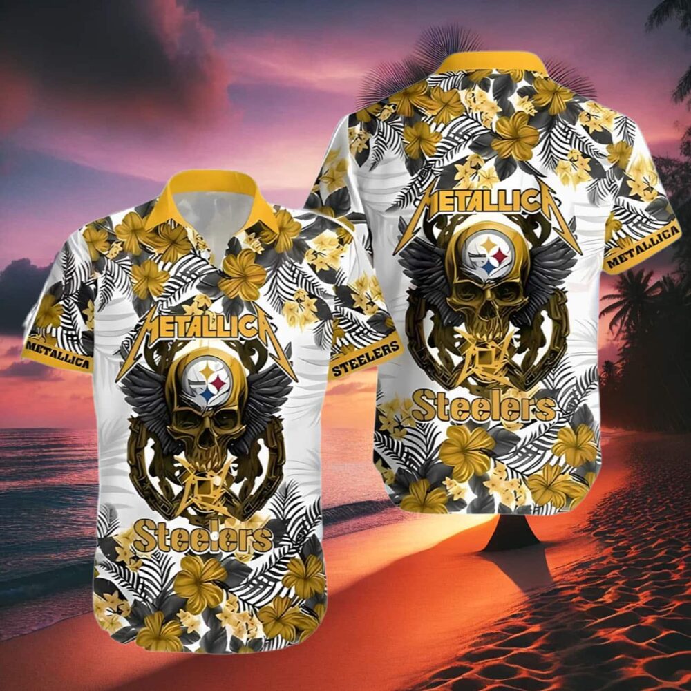 Metallica Skull And Flower Pittsburgh Steelers Hawaiian Shirt NFL Gifts For Fans 2