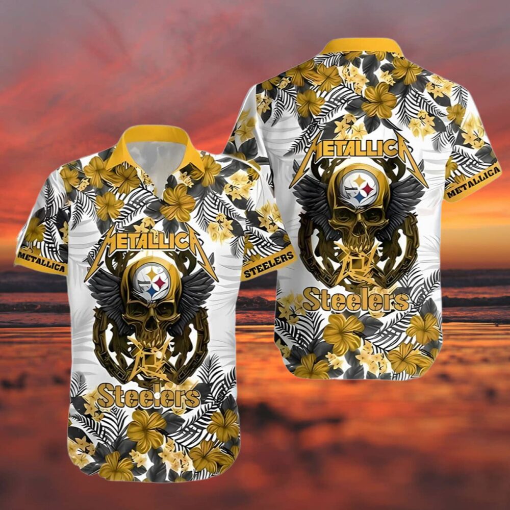 Metallica Skull And Flower Pittsburgh Steelers Hawaiian Shirt NFL Gifts For Fans 3