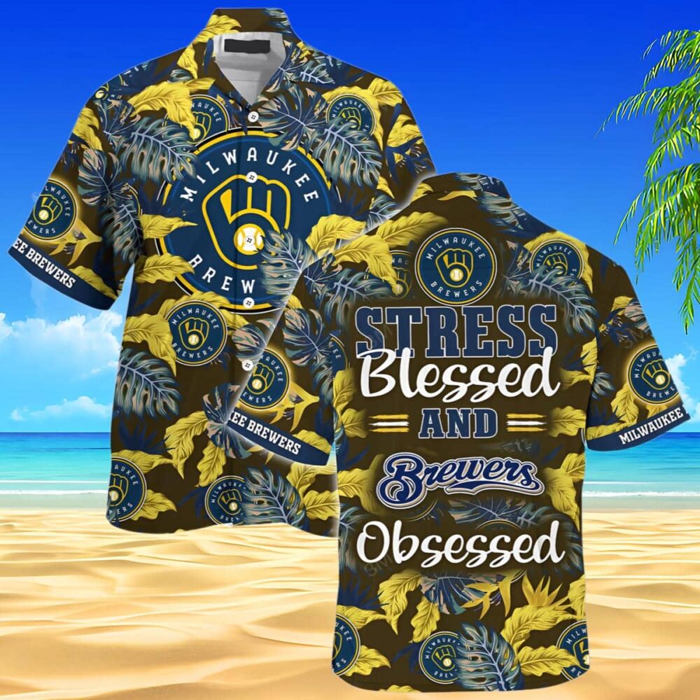 Milwaukee Brewers Hawaiian Shirt Stress Blessed And Brewers Obsessed MLB Aloha Shirt Gift For Fans 1