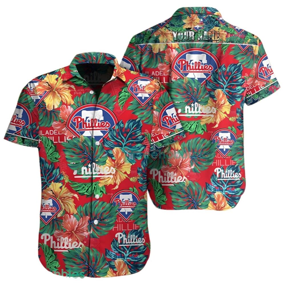 Philadelphia Phillies Hawaiian Shirt Custom Name With Floral Leaf Design MLB Aloha Shirt Gift For Fans 1