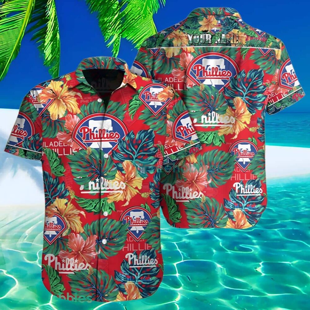 Philadelphia Phillies Hawaiian Shirt Custom Name With Floral Leaf Design MLB Aloha Shirt Gift For Fans 2