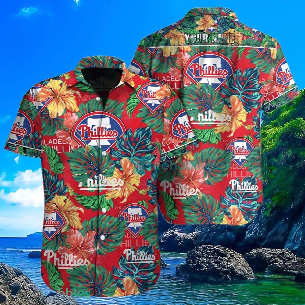 Philadelphia Phillies Hawaiian Shirt Custom Name With Floral Leaf Design MLB Aloha Shirt Gift For Fans 3