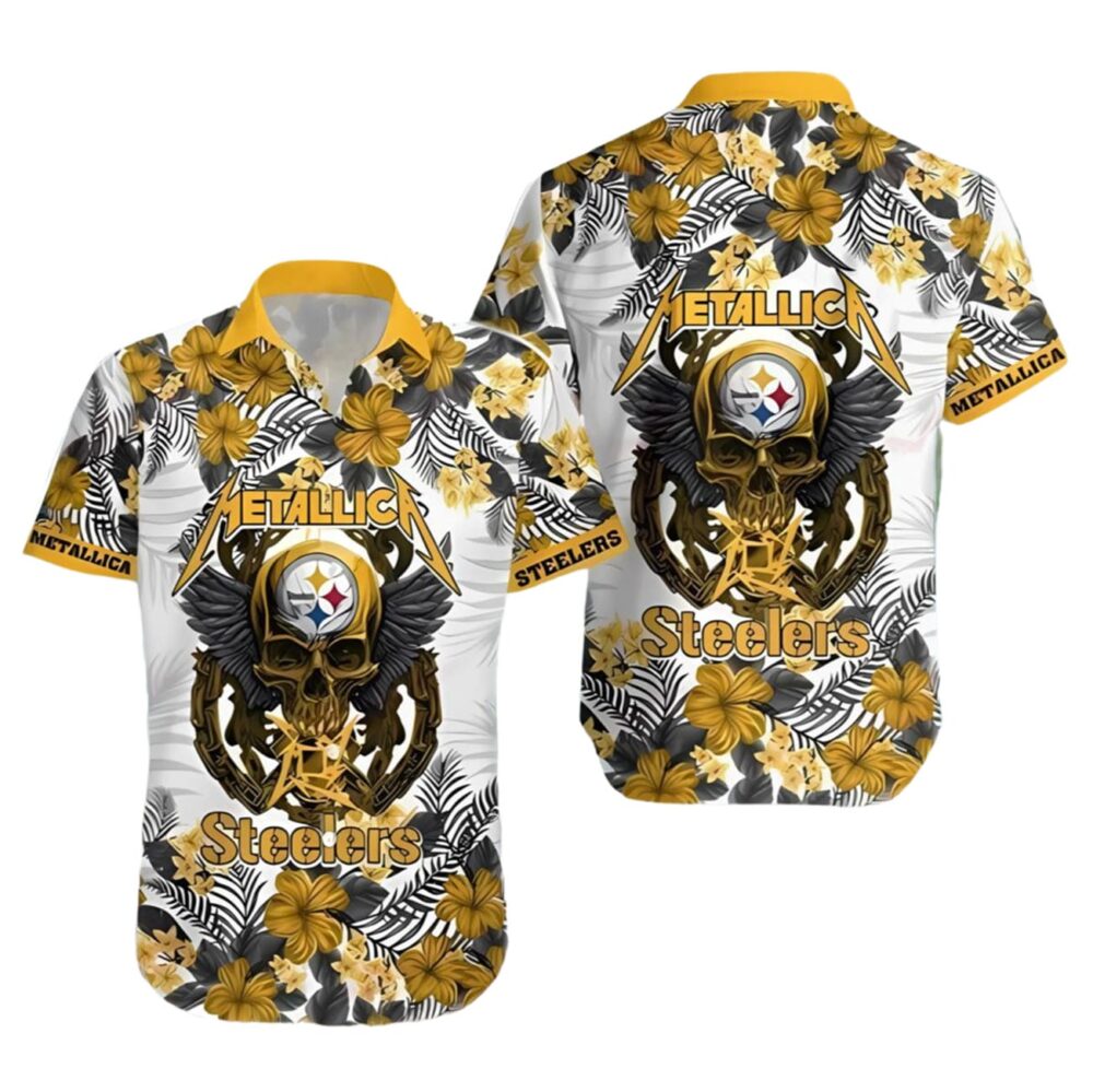 Steelers Hawaiian Button Up Shirt Metallica Skull And Flower NFL Gifts For Fans 1