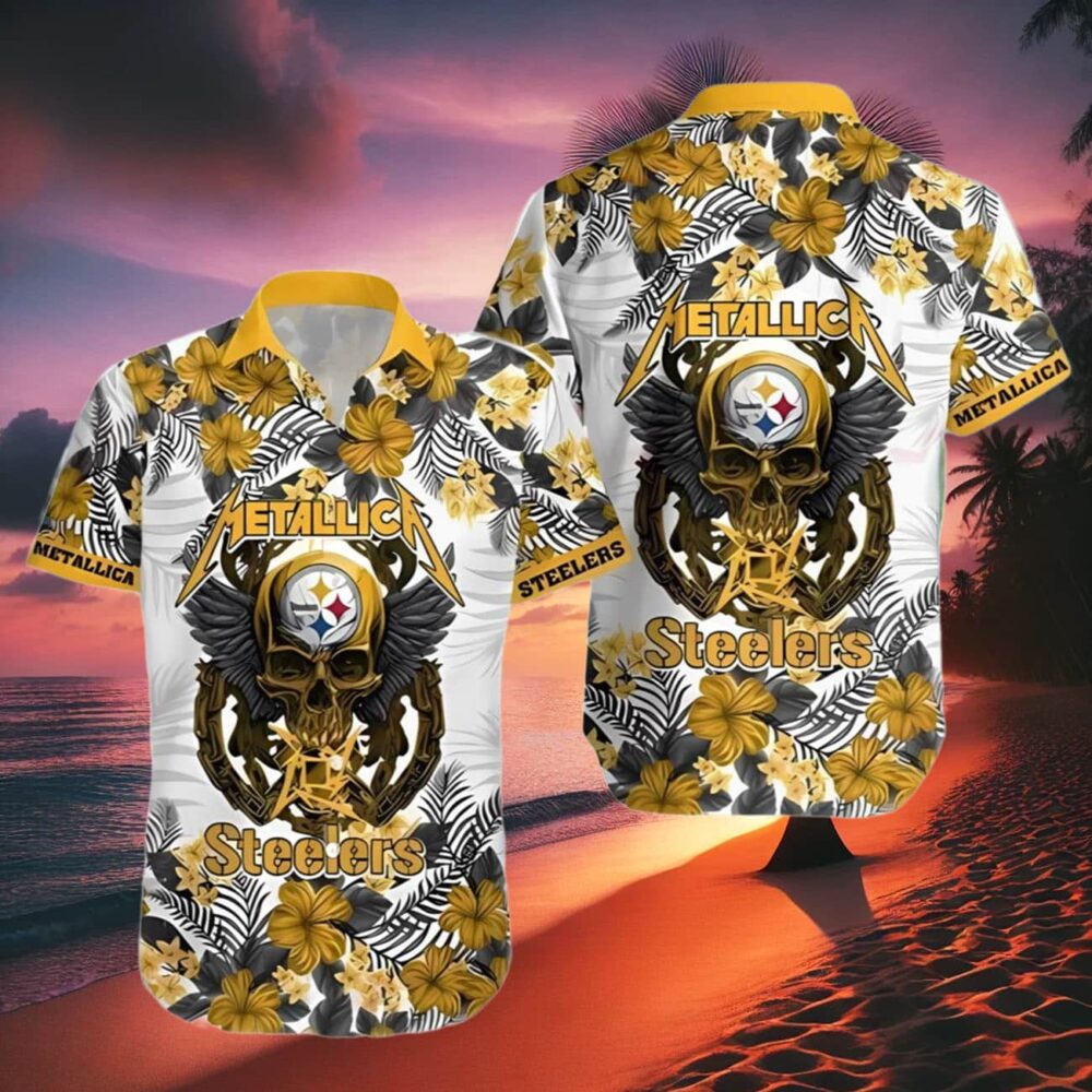 Steelers Hawaiian Button Up Shirt Metallica Skull And Flower NFL Gifts For Fans 2