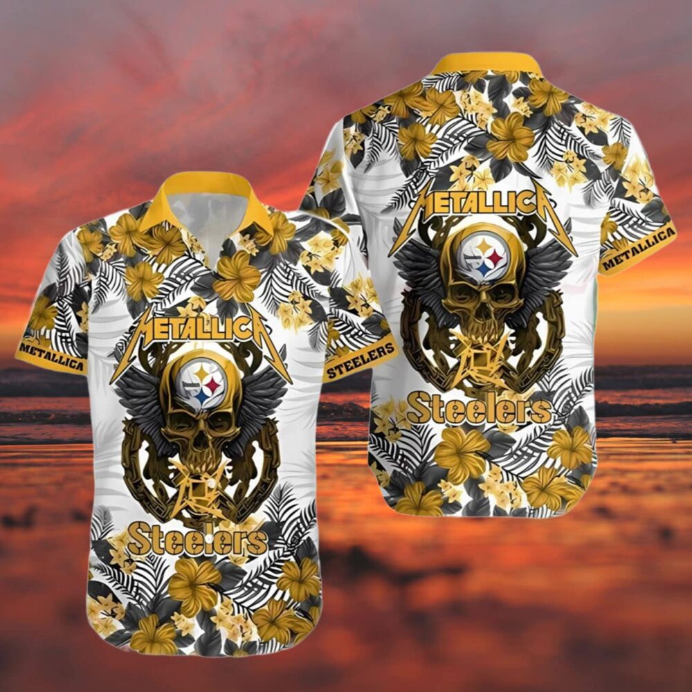 Steelers Hawaiian Button Up Shirt Metallica Skull And Flower NFL Gifts For Fans 3