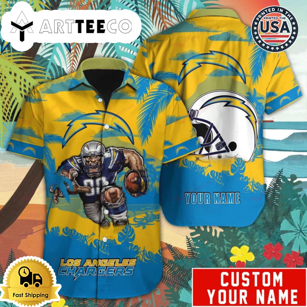 Los Angeles Chargers Mascot Button Up Custom Name Hawaiian Shirt NFL Aloha Shirt