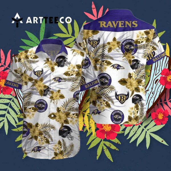 Baltimore Ravens Floral White Background Hawaiian Shirt 3