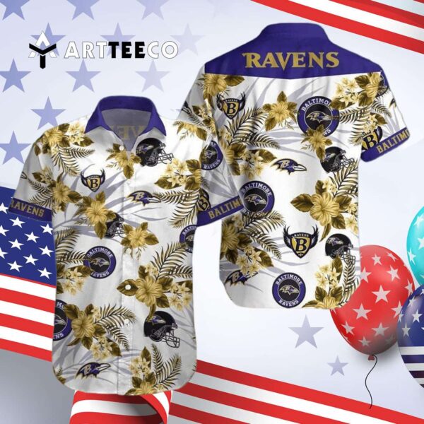 Baltimore Ravens Floral White Background Hawaiian Shirt 4
