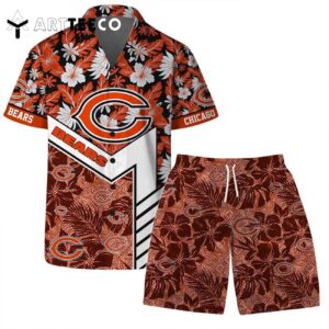 Chicago Bears Team Logo Pattern Hibiscus Flower Hawaiian Shirt and Shorts Set