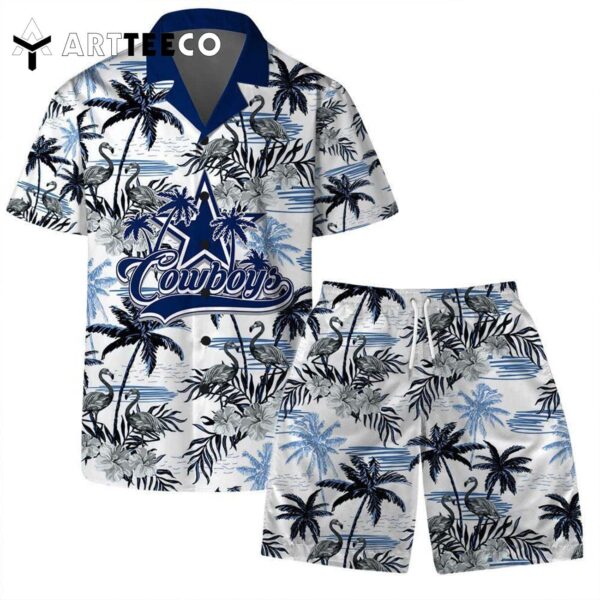 Dallas Cowboys Team Logo Pattern Flamingo Hibiscus Hawaiian Shirt and Shorts Set