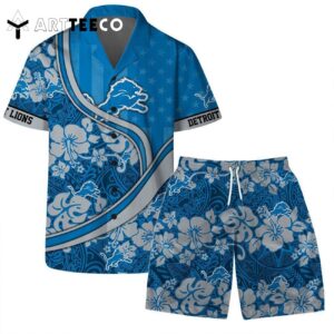 Detriot Lions Team Logo Pattern Us Flag Hawaiian Shirt and Shorts Set