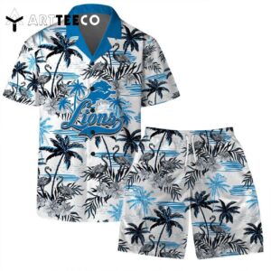 Detroit Lions Team Logo Pattern Flamingo Hibiscus Hawaiian Shirt and Shorts Set