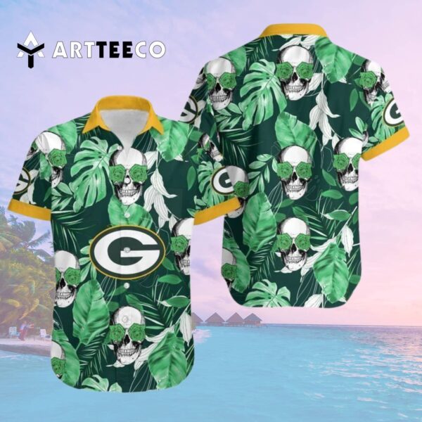 Green Bay Packers Coconut Leaves And Skulls Hawaiian Shirt 2