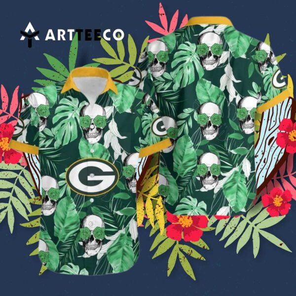 Green Bay Packers Coconut Leaves And Skulls Hawaiian Shirt 3