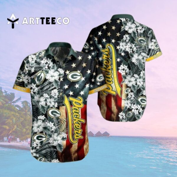 Green Bay Packers Nfl Us Flag Flower Hawaiian Shirt 2