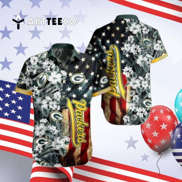 Green Bay Packers Nfl Us Flag Flower Hawaiian Shirt 4