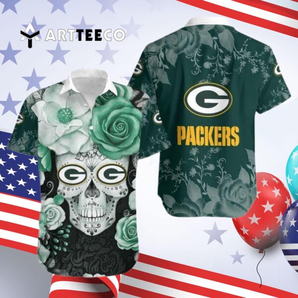 Green Bay Packers Skull Flowers Hawaiian Shirt 4