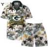 Green Bay Packers Team Logo Pattern Flamingo Hibiscus Hawaiian Shirt and Shorts Set