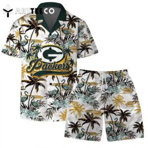 Green Bay Packers Team Logo Pattern Flamingo Hibiscus Hawaiian Shirt and Shorts Set