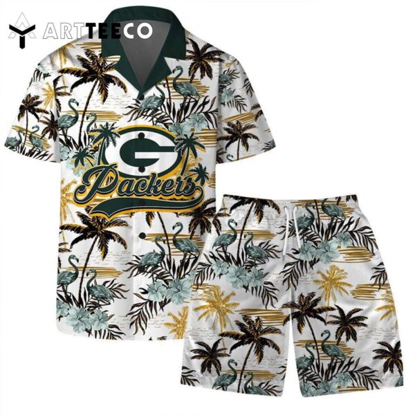 Green Bay Packers Team Logo Pattern Flamingo Hibiscus Hawaiian Shirt and Shorts Set