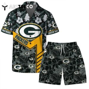 Green Bay Packers Team Logo Pattern Hibiscus Flower Hawaiian Shirt and Shorts Set