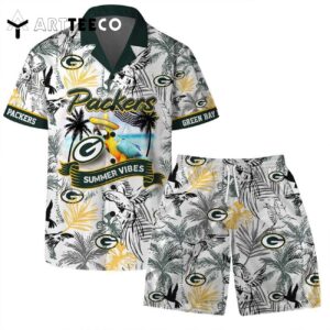 Green Bay Packers Team Logo Pattern Parrot Beach Hawaiian Shirt and Shorts Set