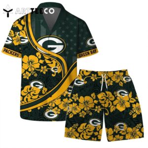 Green Bay Packers Team Logo Pattern Us Flag Hawaiian Shirt and Shorts Set