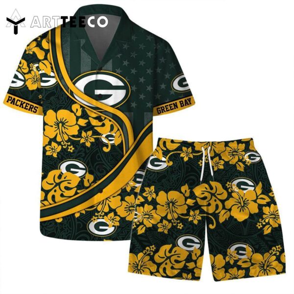 Green Bay Packers Team Logo Pattern Us Flag Hawaiian Shirt and Shorts Set