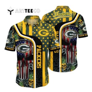 Green Bay Packers Us Flag Skull Pattern Hawaiian Shirt 1