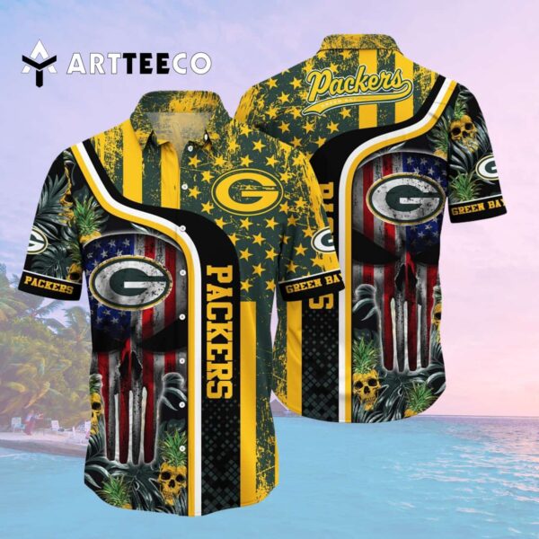 Green Bay Packers Us Flag Skull Pattern Hawaiian Shirt 2
